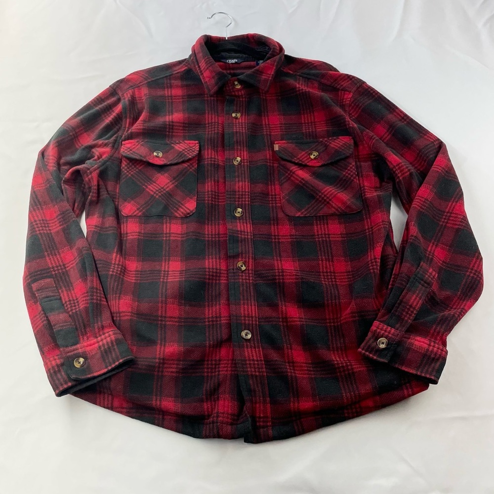 Chaps Men’s Plaid Fleece Jacket Size Large Black Red Button Front